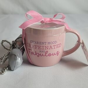 Current Mood Caffeinated And Fabulous Pink Ceramic Mug & Bow Keychain